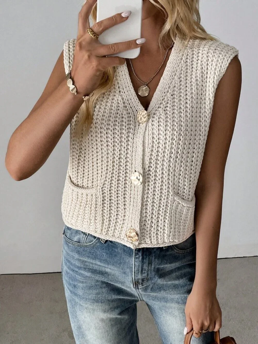 Apricot Casual Women's V-Neck Ribbed Knitted Cardigan Sweater Vest